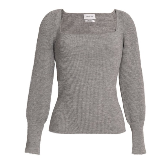 Eleven Six Alpaca Camilla Sweater S, Gray Ribbed Knit, Square Neck Long Sleeve - Picture 1 of 15